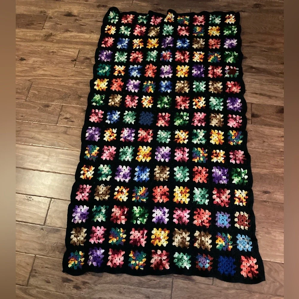 Hand crafted Granny Square Crochet blanket 5x3 black with multi colored squares